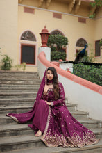 Load image into Gallery viewer, Premium Designer Readymade Top-Sharara-Dupatta  Sequins Embroidered Chinon Suit Wine (Copy) Clothsvilla