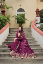 Load image into Gallery viewer, Premium Designer Readymade Top-Sharara-Dupatta  Sequins Embroidered Chinon Suit Wine (Copy) Clothsvilla