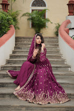 Load image into Gallery viewer, Premium Designer Readymade Top-Sharara-Dupatta  Sequins Embroidered Chinon Suit Wine (Copy) Clothsvilla