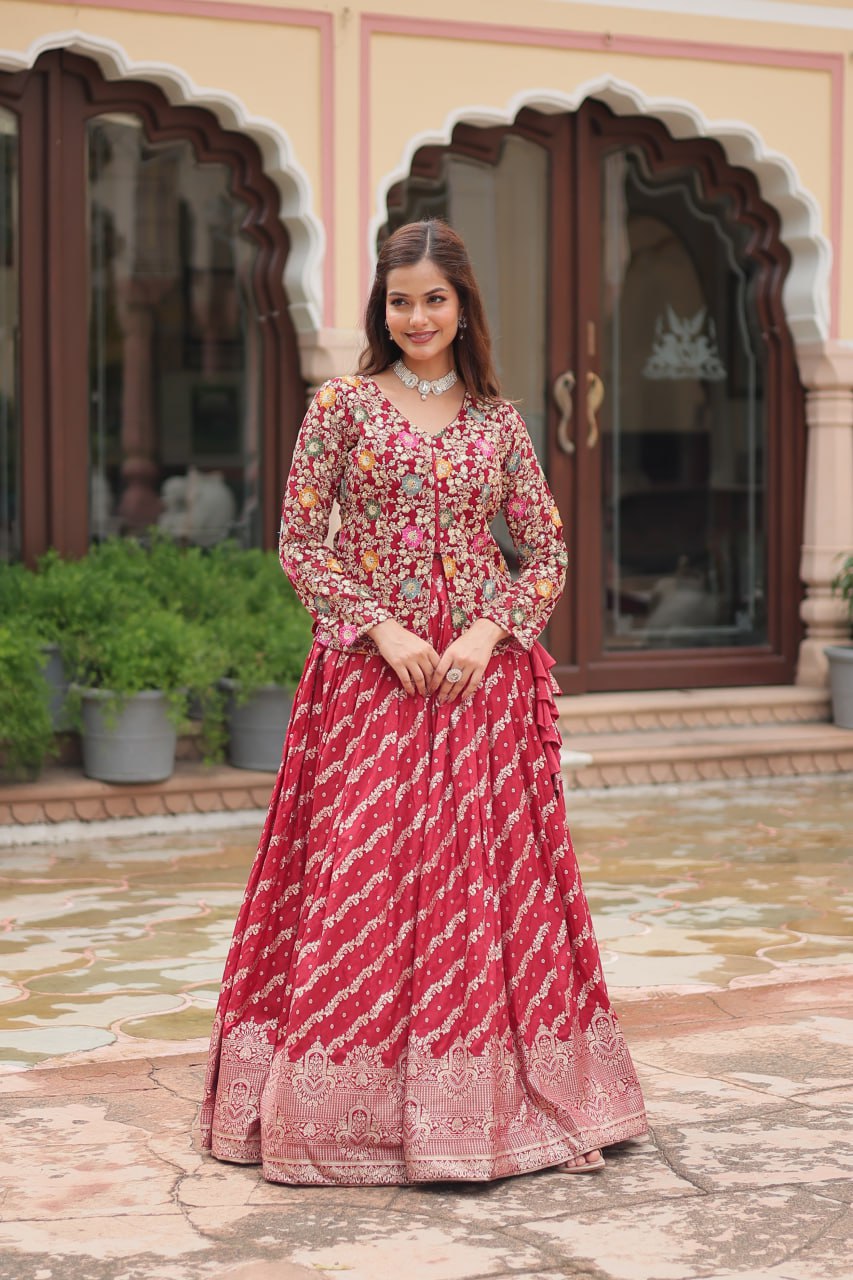 Premium Designer Sequins Embroidered Readymade Co-ord Set – Maroon ClothsVilla Main image