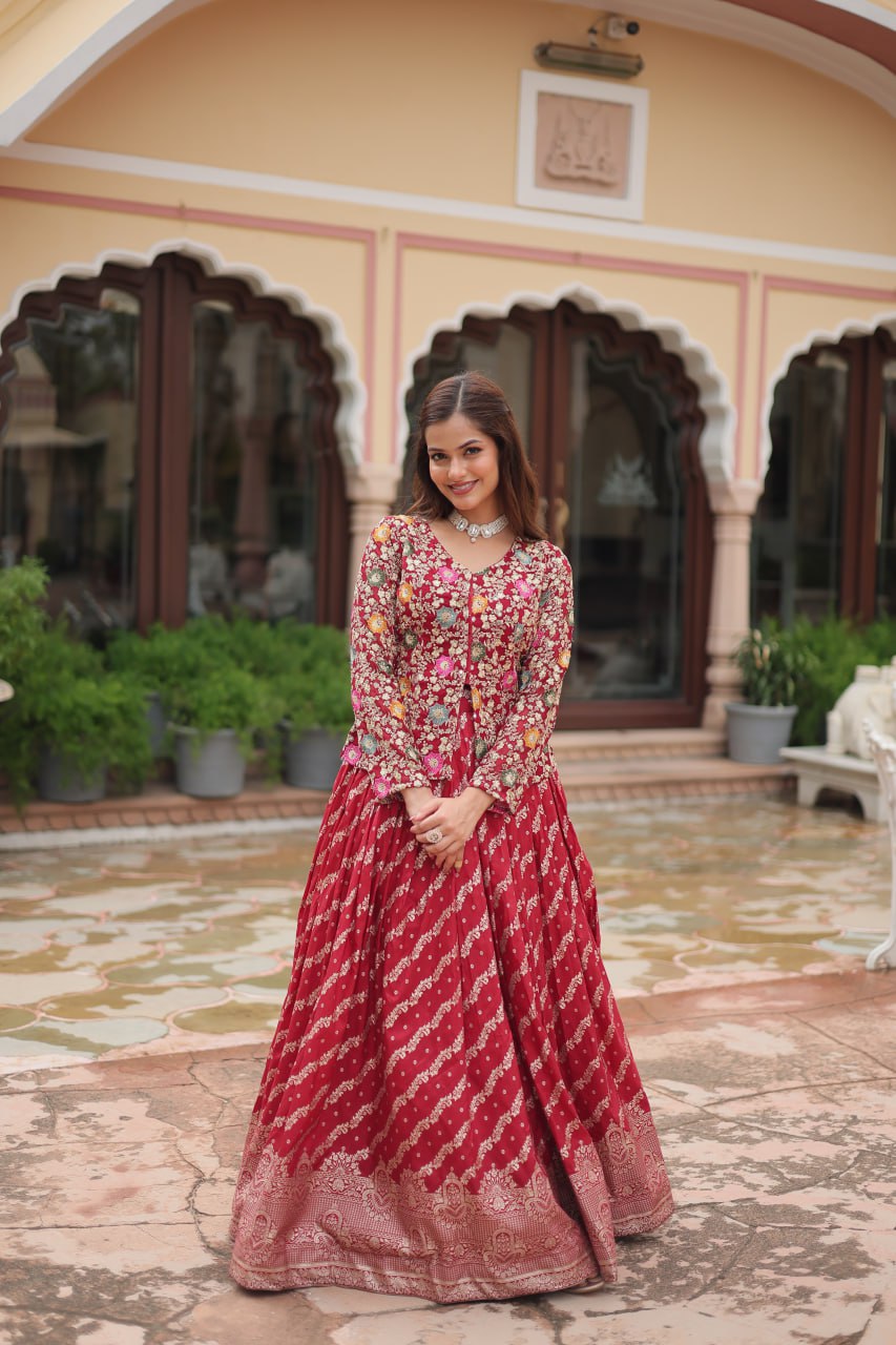 Premium Designer Sequins Embroidered Readymade Co-ord Set – Maroon ClothsVilla