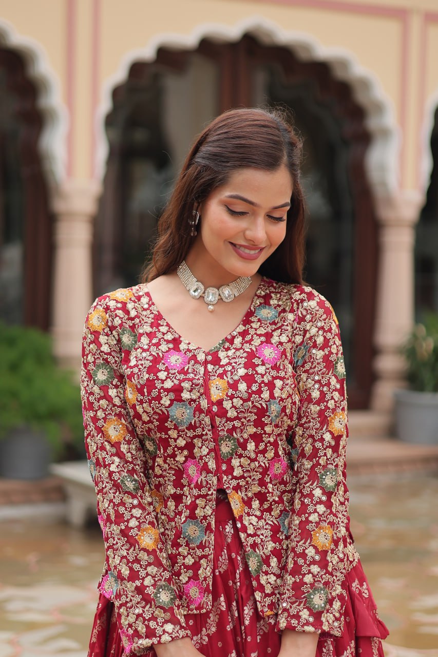 Premium Designer Sequins Embroidered Readymade Co-ord Set – Maroon ClothsVilla