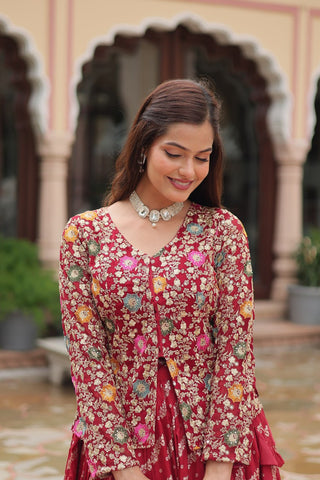 Premium Designer Sequins Embroidered Readymade Co-ord Set – Maroon ClothsVilla