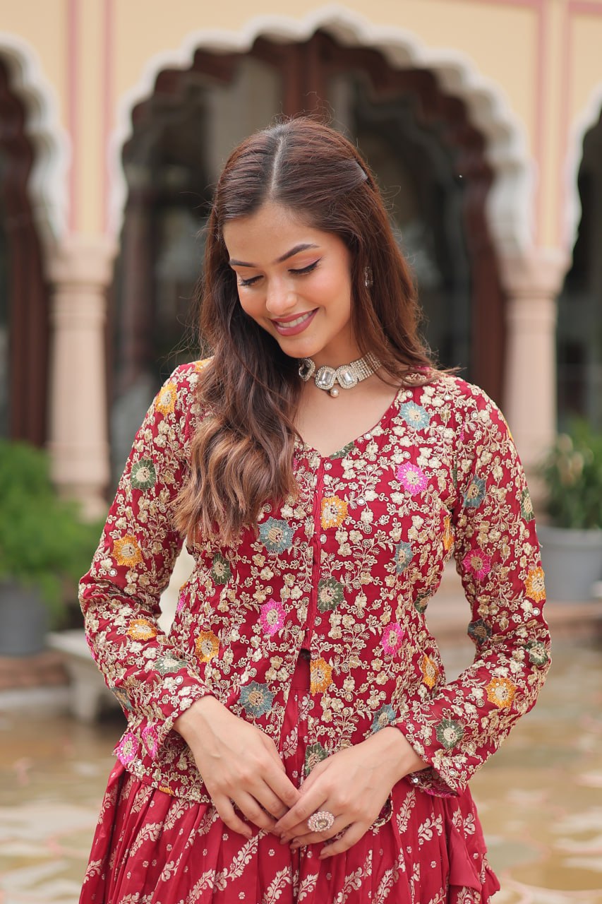 Premium Designer Sequins Embroidered Readymade Co-ord Set – Maroon ClothsVilla