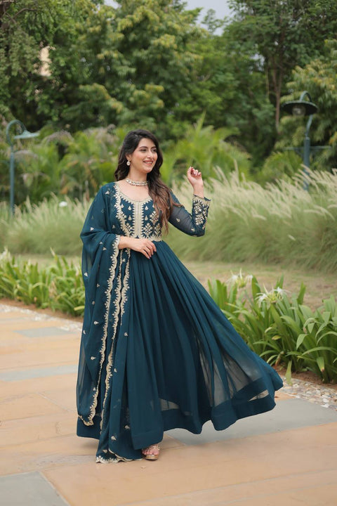 Premium Faux Blooming Gown with Sequins & Multi-Embroidery Work - Rama Color Clothsvilla Main image