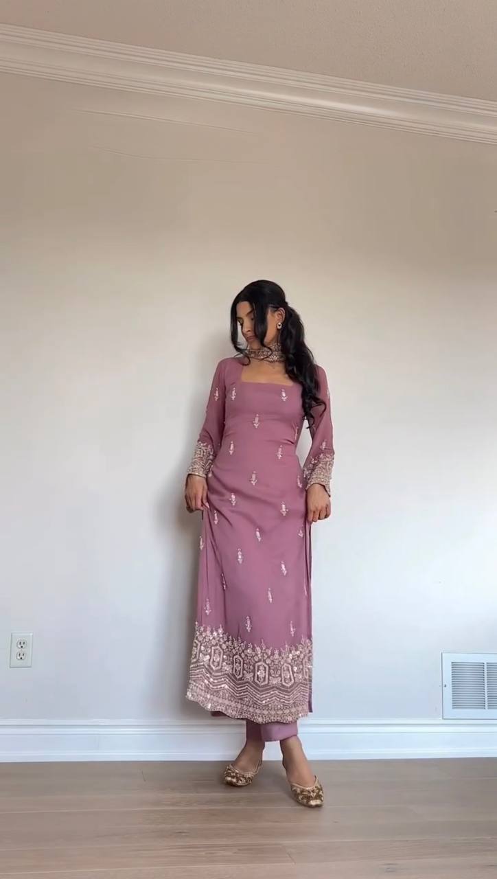 Premium Faux Georgette Thread–Sequence Work Suit Set | Readymade Top, Micro Cotton Pant & Fancy Lace Dupatta | M to 3XL Sizes ClothsVilla