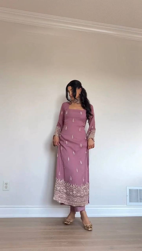 Premium Faux Georgette Thread–Sequence Work Suit Set | Readymade Top, Micro Cotton Pant & Fancy Lace Dupatta | M to 3XL Sizes ClothsVilla Main image