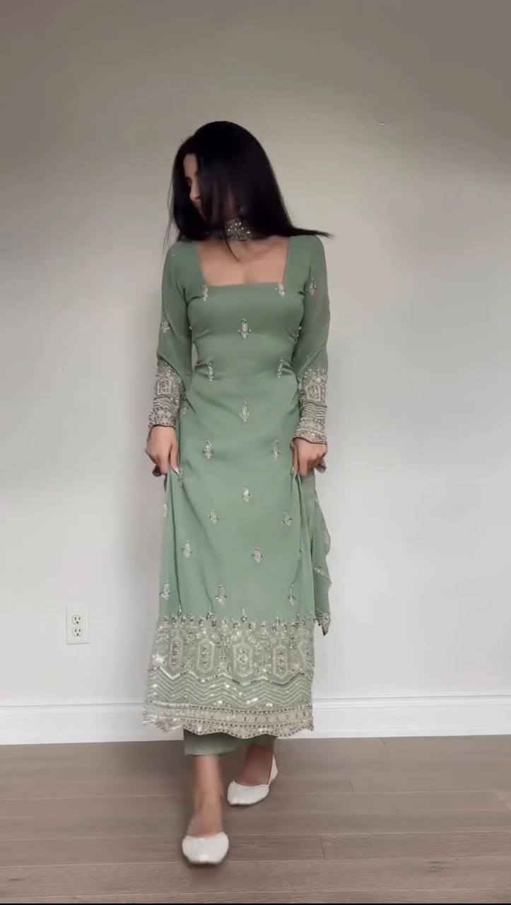 Premium Faux Georgette Thread–Sequence Work Suit Set | Readymade Top, Micro Cotton Pant & Fancy Lace Dupatta | M to 3XL Sizes ClothsVilla