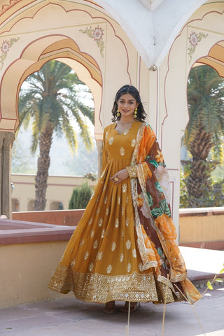Premium Mustard Designer Readymade Faux Georgette Gown with Zari & Sequin Embroidery, V-Neck, Full Sleeves & Dupatta ClothsVilla