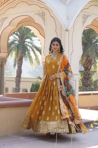 Premium Mustard Designer Readymade Faux Georgette Gown with Zari & Sequin Embroidery, V-Neck, Full Sleeves & Dupatta ClothsVilla