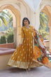 Load image into Gallery viewer, Premium Mustard Designer Readymade Faux Georgette Gown with Zari &amp; Sequin Embroidery, V-Neck, Full Sleeves &amp; Dupatta ClothsVilla