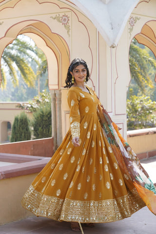 Premium Mustard Designer Readymade Faux Georgette Gown with Zari & Sequin Embroidery, V-Neck, Full Sleeves & Dupatta ClothsVilla