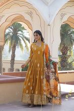 Load image into Gallery viewer, Premium Mustard Designer Readymade Faux Georgette Gown with Zari &amp; Sequin Embroidery, V-Neck, Full Sleeves &amp; Dupatta ClothsVilla