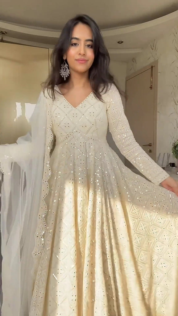 Premium Off White Readymade Anarkali Suit Set 3 Piece Designer Ensemble with Heavy Sequins & Thread Embroidery Work | Faux Blooming Fabric | Festive Premium Off White Readymade Anarkali Suit Set 3 Piece Designer Ensemble with Heavy Sequins & Thread Embroidery Work | Faux Blooming Fabric | Festive