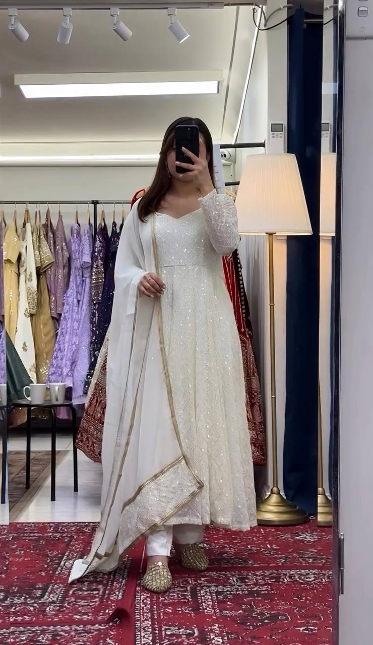 Premium Off White Readymade Anarkali Suit Set – 3 Piece Designer Ensemble with Heavy Sequins & Thread Embroidery Work | Faux Blooming Fabric | Festive & Wedding Wear Collection ClothsVilla