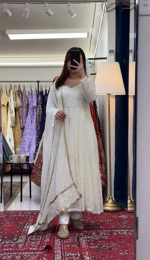 Premium Off White Readymade Anarkali Suit Set – 3 Piece Designer Ensemble with Heavy Sequins & Thread Embroidery Work | Faux Blooming Fabric | Festive & Wedding Wear Collection ClothsVilla