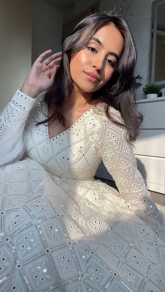 Premium Off White Readymade Anarkali Suit Set – 3 Piece Designer Ensemble with Heavy Sequins & Thread Embroidery Work | Faux Blooming Fabric | Festive & Wedding Wear Collection ClothsVilla