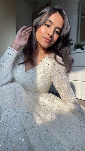 Premium Off White Readymade Anarkali Suit Set – 3 Piece Designer Ensemble with Heavy Sequins & Thread Embroidery Work | Faux Blooming Fabric | Festive & Wedding Wear Collection ClothsVilla