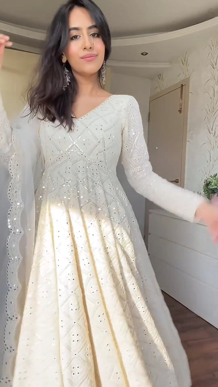 Premium Off White Readymade Anarkali Suit Set – 3 Piece Designer Ensemble with Heavy Sequins & Thread Embroidery Work | Faux Blooming Fabric | Festive & Wedding Wear Collection ClothsVilla