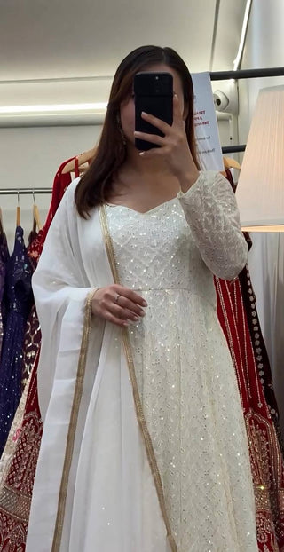 Premium Off White Readymade Anarkali Suit Set – 3 Piece Designer Ensemble with Heavy Sequins & Thread Embroidery Work | Faux Blooming Fabric | Festive & Wedding Wear Collection ClothsVilla