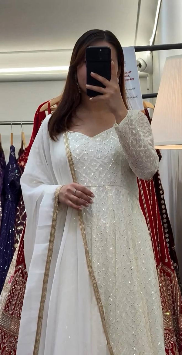 Premium Off White Readymade Anarkali Suit Set – 3 Piece Designer Ensemble with Heavy Sequins & Thread Embroidery Work | Faux Blooming Fabric | Festive & Wedding Wear Collection ClothsVilla