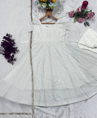 Premium Off White Readymade Anarkali Suit Set – 3 Piece Designer Ensemble with Heavy Sequins & Thread Embroidery Work | Faux Blooming Fabric | Festive & Wedding Wear Collection ClothsVilla