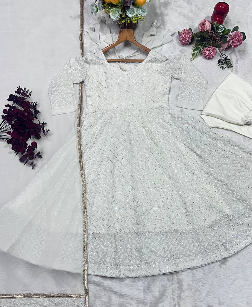 Premium Off White Readymade Anarkali Suit Set – 3 Piece Designer Ensemble with Heavy Sequins & Thread Embroidery Work | Faux Blooming Fabric | Festive & Wedding Wear Collection ClothsVilla