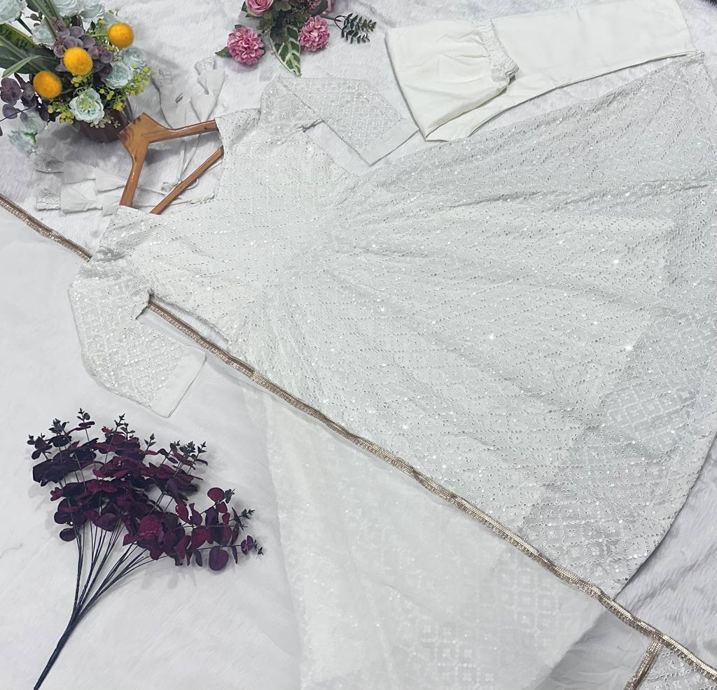 Premium Off White Readymade Anarkali Suit Set – 3 Piece Designer Ensemble with Heavy Sequins & Thread Embroidery Work | Faux Blooming Fabric | Festive & Wedding Wear Collection ClothsVilla