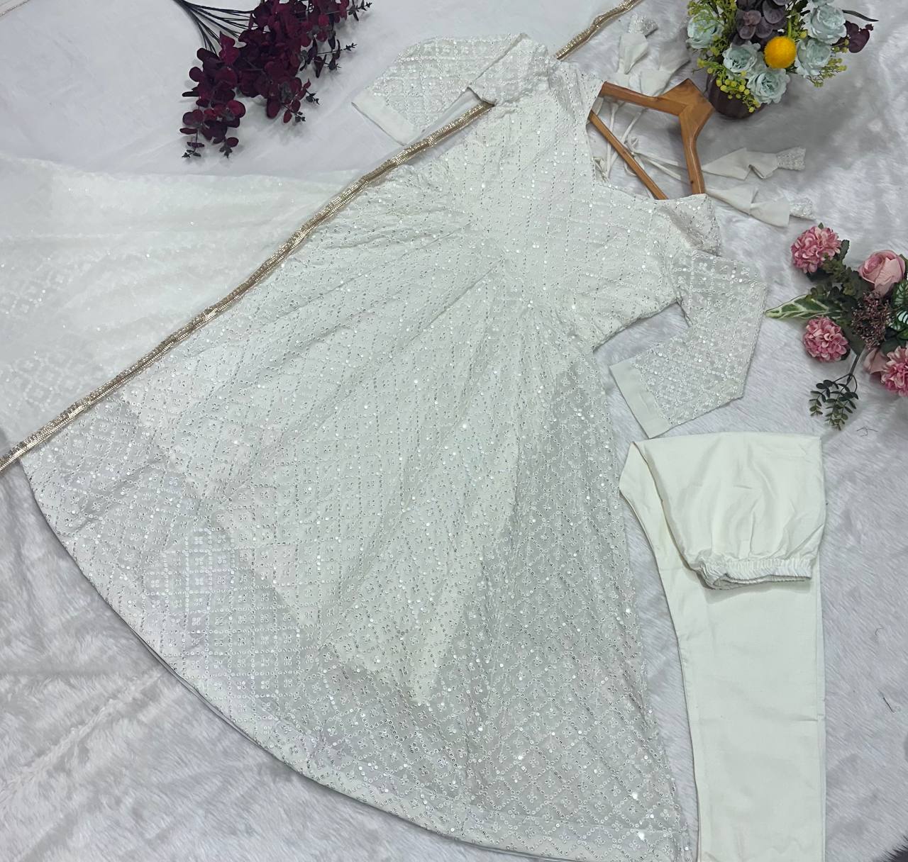 Premium Off White Readymade Anarkali Suit Set – 3 Piece Designer Ensemble with Heavy Sequins & Thread Embroidery Work | Faux Blooming Fabric | Festive & Wedding Wear Collection ClothsVilla