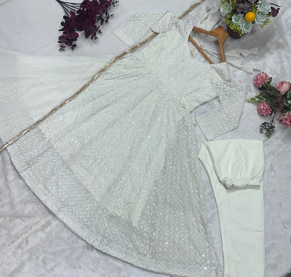Premium Off White Readymade Anarkali Suit Set – 3 Piece Designer Ensemble with Heavy Sequins & Thread Embroidery Work | Faux Blooming Fabric | Festive & Wedding Wear Collection ClothsVilla