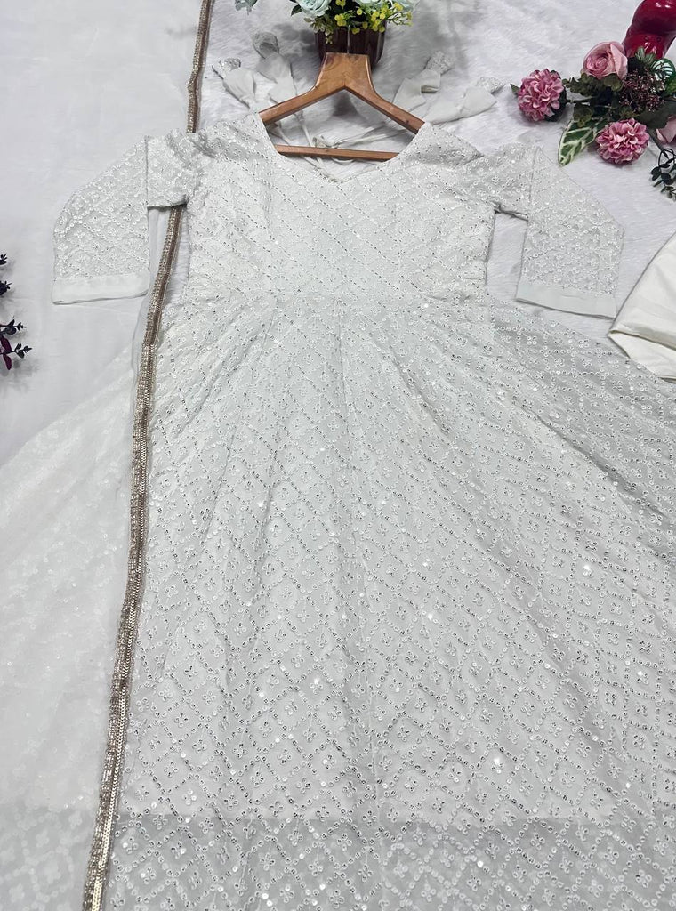 Premium Off White Readymade Anarkali Suit Set – 3 Piece Designer Ensemble with Heavy Sequins & Thread Embroidery Work | Faux Blooming Fabric | Festive & Wedding Wear Collection ClothsVilla