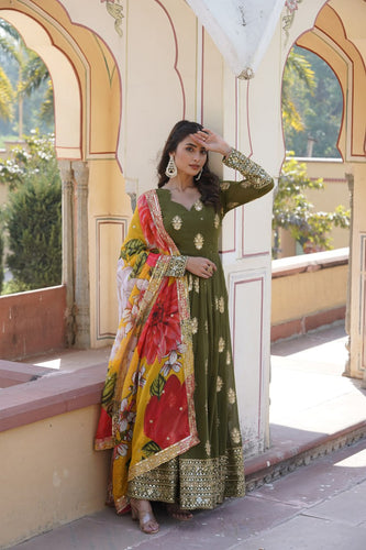 Green Faux Georgette Gown with Dupatta | Embroidered Frill Set main image 1