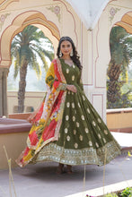 Load image into Gallery viewer, Premium Olive Green Designer Readymade Faux Georgette Gown with Zari &amp; Sequin Embroidery, V-Neck, Full Sleeves &amp; Dupatta ClothsVilla