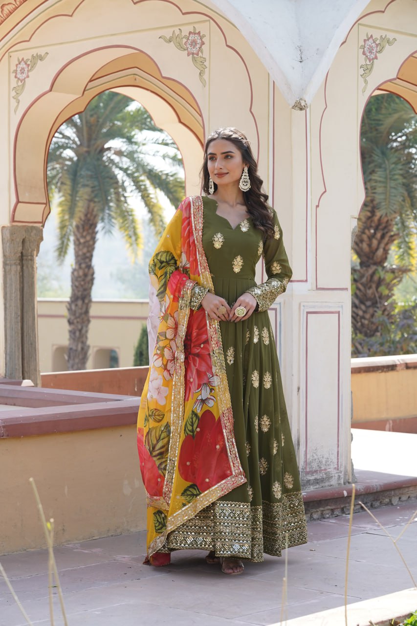 Premium Olive Green Designer Readymade Faux Georgette Gown with Zari & Sequin Embroidery, V-Neck, Full Sleeves & Dupatta ClothsVilla