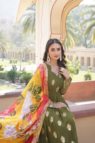 Premium Olive Green Designer Readymade Faux Georgette Gown with Zari & Sequin Embroidery, V-Neck, Full Sleeves & Dupatta ClothsVilla