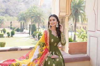 Premium Olive Green Designer Readymade Faux Georgette Gown with Zari & Sequin Embroidery, V-Neck, Full Sleeves & Dupatta ClothsVilla