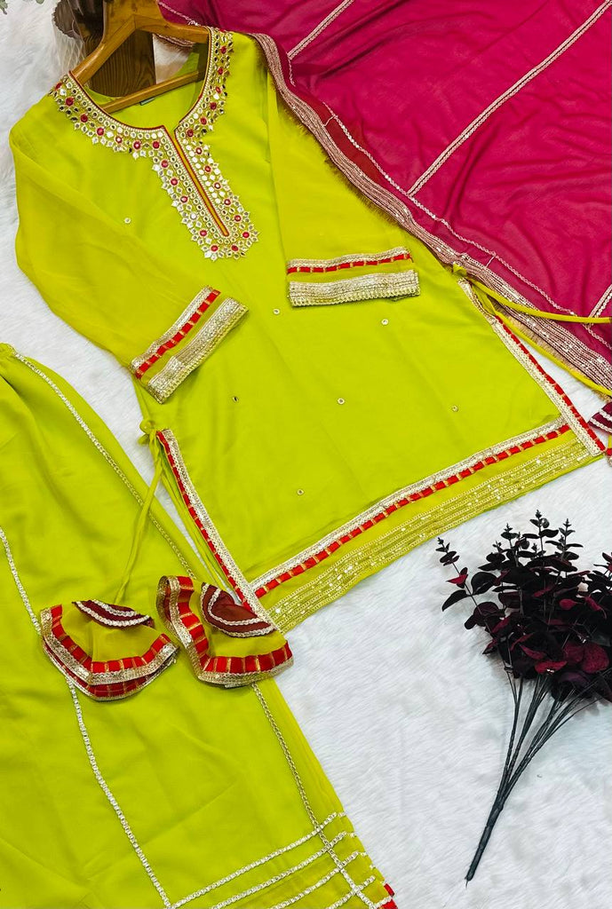 Premium Parrot Green Readymade Designer Sharara Suit Set | Heavy Faux Blooming Fabric | Sequins & Zari Embroidery | 3-Piece Luxury Outfit ClothsVilla