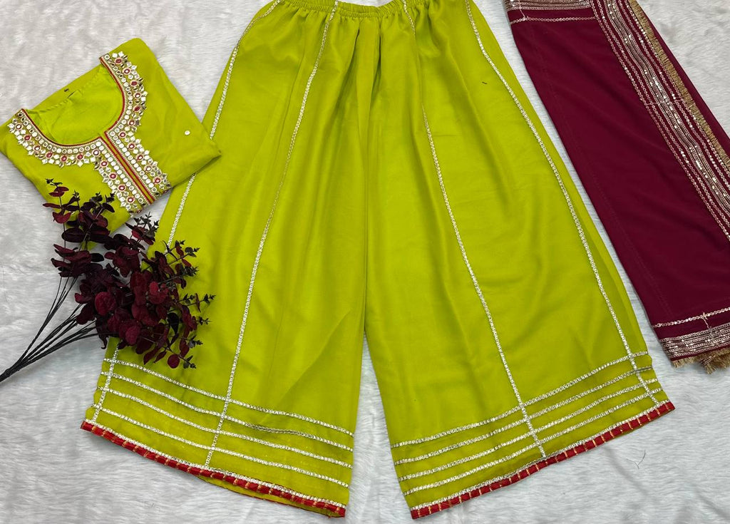 Premium Parrot Green Readymade Designer Sharara Suit Set | Heavy Faux Blooming Fabric | Sequins & Zari Embroidery | 3-Piece Luxury Outfit ClothsVilla