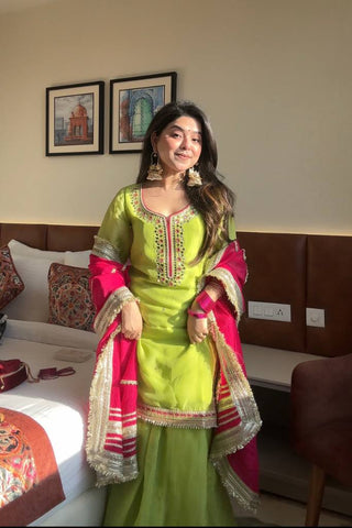 Premium Parrot Green Readymade Designer Sharara Suit Set | Heavy Faux Blooming Fabric | Sequins & Zari Embroidery | 3-Piece Luxury Outfit ClothsVilla