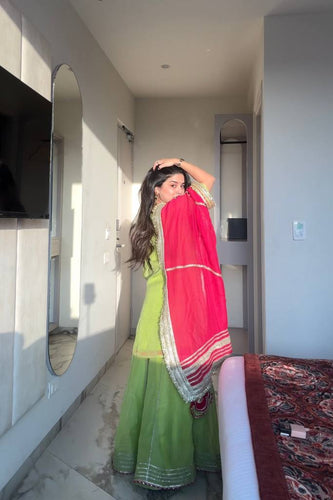 Premium Parrot Green Readymade Designer Sharara Suit Set | Heavy Faux Blooming Fabric | Sequins & Zari Embroidery | 3-Piece Luxury Outfit ClothsVilla