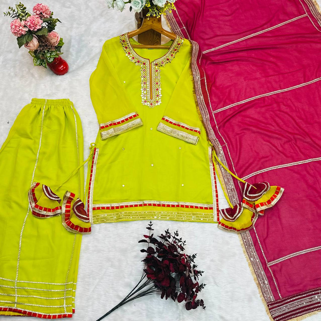 Premium Parrot Green Readymade Designer Sharara Suit Set | Heavy Faux Blooming Fabric | Sequins & Zari Embroidery | 3-Piece Luxury Outfit ClothsVilla
