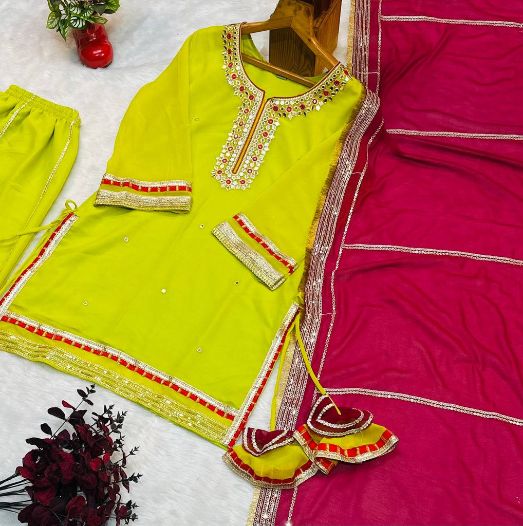 Premium Parrot Green Readymade Designer Sharara Suit Set | Heavy Faux Blooming Fabric | Sequins & Zari Embroidery | 3-Piece Luxury Outfit ClothsVilla