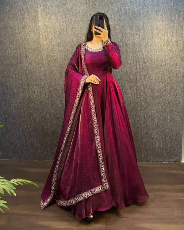 Premium Pure Soft Gold Crush Silk Gown with organza Dupatta Fully Stitched ClothsVilla