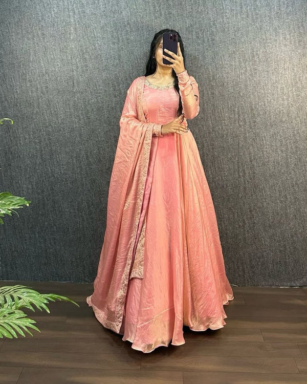 Premium Pure Soft Gold Crush Silk Gown with organza Dupatta Fully Stitched ClothsVilla