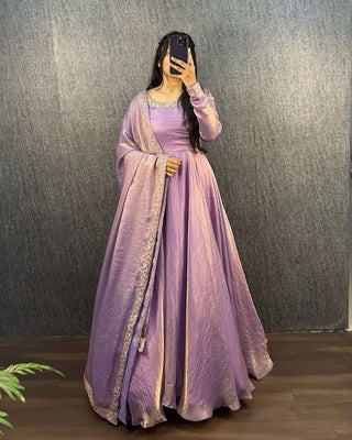 Premium Pure Soft Gold Crush Silk Gown with organza Dupatta Fully Stitched ClothsVilla