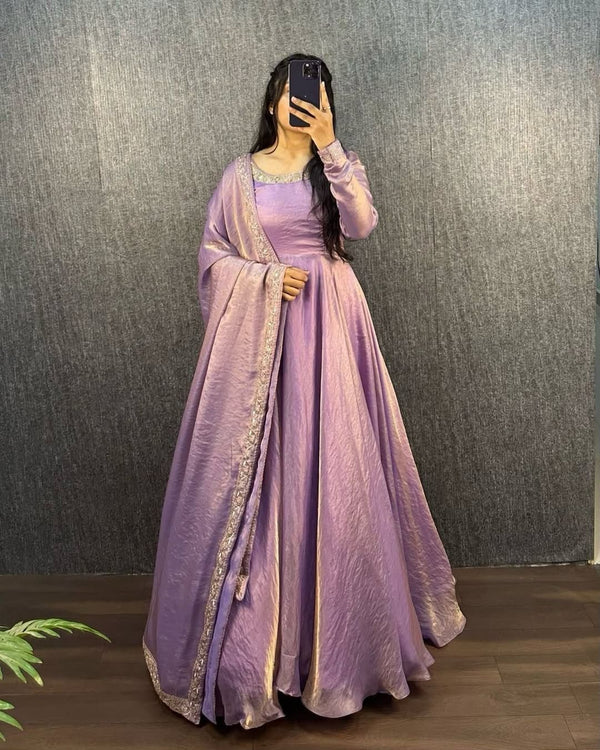 Premium Pure Soft Gold Crush Silk Gown with organza Dupatta Fully Stitched ClothsVilla