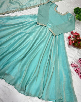 Premium Pure Soft Gold Crush Silk Gown with organza Dupatta Fully Stitched ClothsVilla