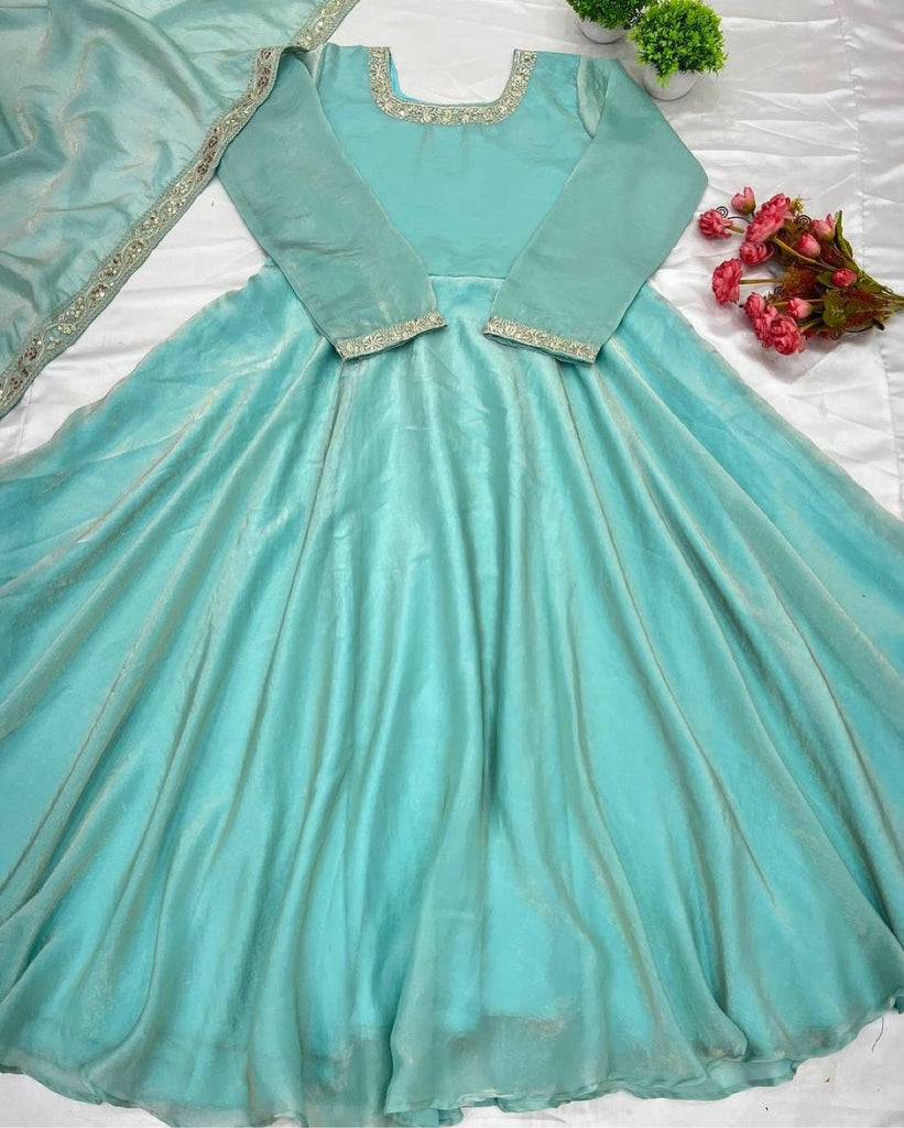 Premium Pure Soft Gold Crush Silk Gown with organza Dupatta Fully Stitched ClothsVilla