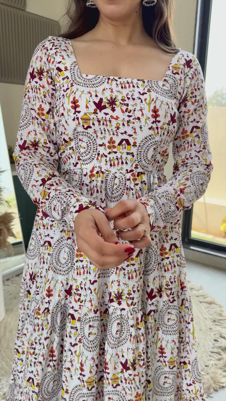 White Printed Cotton Flared Gown