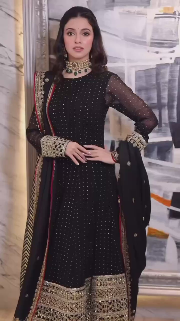 Black Designer Zari Sequins Gown Set